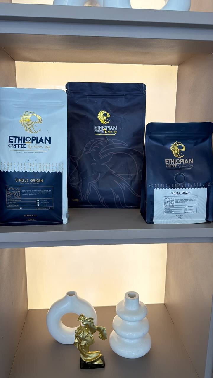 Ethiopian Coffee by Hanan Tarq — retail packaging on display
